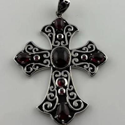 8.6 TCW Garnet Cabochon Sterling Silver Gothic Cross Pendant