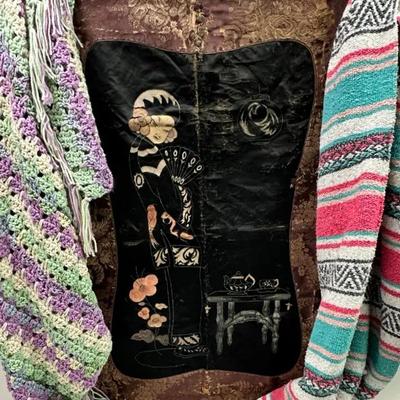 Mid-Century Asian-Inspired Silk Textile, Afghan, and Falsa Blanket