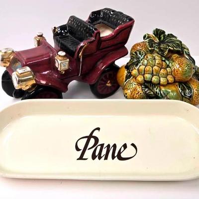"McCoy" Bread Tray, Ceramic Car Planter, and a Lidded Fruit Bowl 