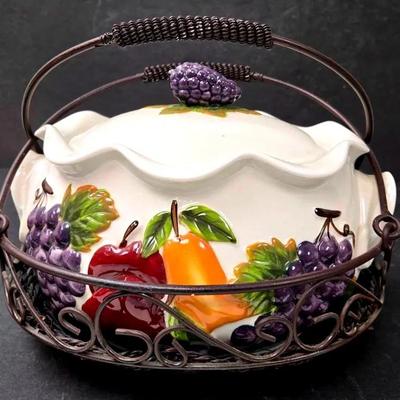 "Celebration Home" Stoneware Bean Pot with Carrying Basket