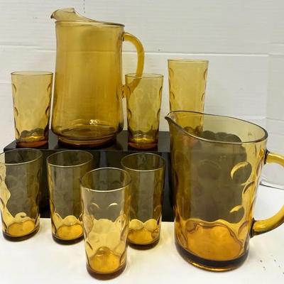 Vintage Honey Amber "Coin Dot" Glass Set