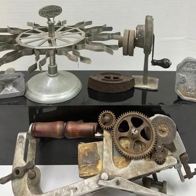 Antique Metal Oddities: Rotating Stamp Holder, Sapulpa OK Cast Plate, and Mechanical Tools. 