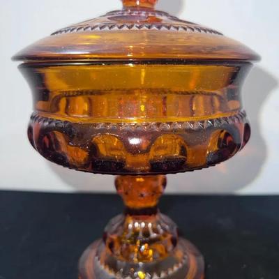 vintage Indiana Glass “Kings Crown Thumbprint” Amber Candy Dish