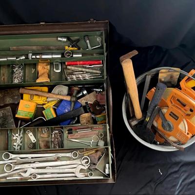 Large Vintage Toolbox & Bucket - Both Full of Tools!
