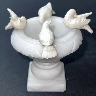Vintage Carved Albaster Bird Bath with 4 Birds