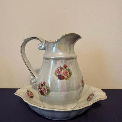 Vintage Iridescent Lusterware Pitcher And Wash Basin With Rose Design 