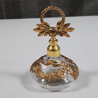 Vintage Glass Perfume Bottle with an Ornate 24kt Gold Plated Floral Ormolu Overlay