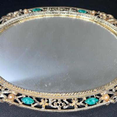 Vintage Tabletop Mirrored Tray with Green & Pearl Accents