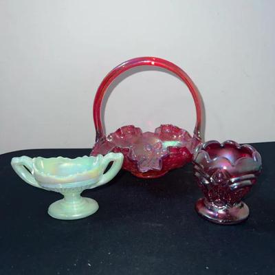 Vintage Irridescent Glass Salt Cellar, Toothpick Cup & Basket Dish
