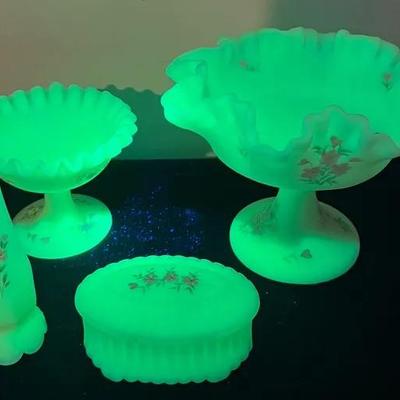 Vintage Fenton Custard Satin Uranium Glass with Hand-painted Flowers