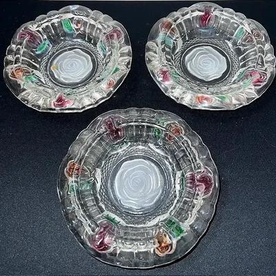 Indonesian Pressed Glass Ashtrays with Colorful Floral Accents