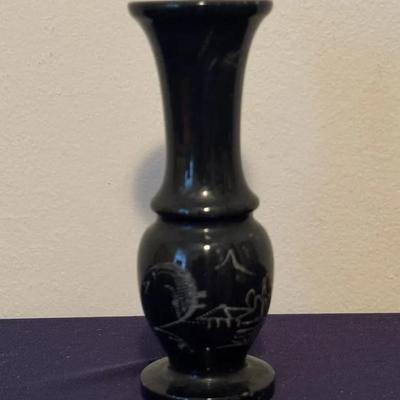 Vintage Black Marble Or Onyx Bud Vase With An Etched Asian Inspired Design