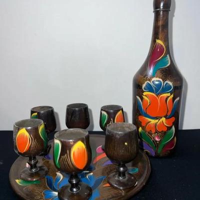 Vintage Wooden Decanter Set with Tray