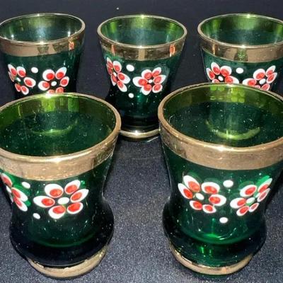 Vintage Hand-painted Green Shot Glasses from Italy