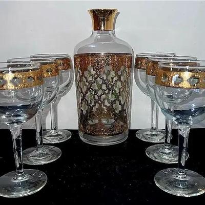 Antique Culver Valencia 22K Gold-Plated Decanter & Goblets Set