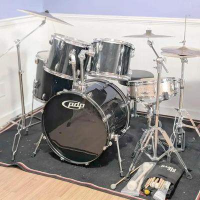 PDP Black Drum Kit w/ Gretsch Snare, Hardware, Pedals, Throne, Cymbal Bags & Accessories