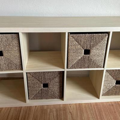 8-Cube Storage Shelf Unit w/ Woven Basket Drawers – Light Wood Finish