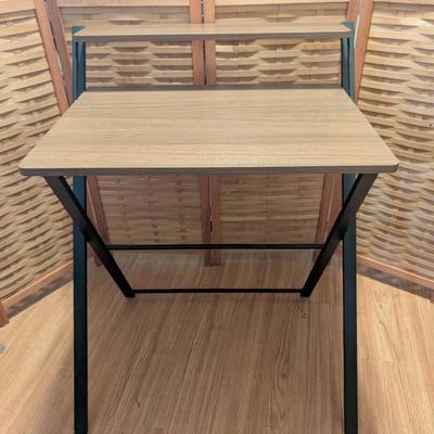 Foldable Compact Desk with Upper Shelf – Wood-Look Top Style & Metal Frame (33" T x 22" D x 25" W)