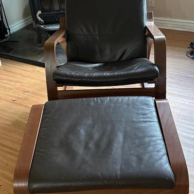 Modern Bentwood Lounge Chair with Leather Cushion & Matching Ottoman Footrest