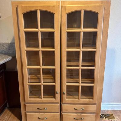 Pair of Custom Built-In Wood Glass Display Cabinet Doors & Drawer Units – Tall Storage Cabinets