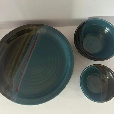 Signed Artisan Pottery Blue-Green Glazed Plate & Bowl Set – Handcrafted