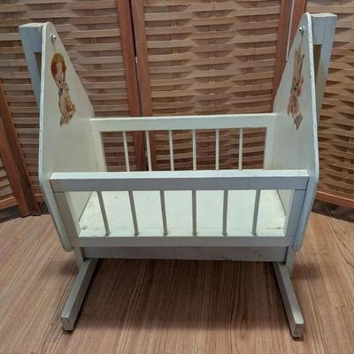 Vintage Wooden Baby Doll Crib w/ Rocking Base & Nursery Graphics
