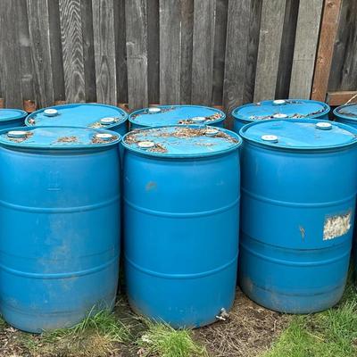 Lot of 10 Heavy-Duty Blue Plastic Barrels / Drums – Approx. 50 Gallon Storage Containers