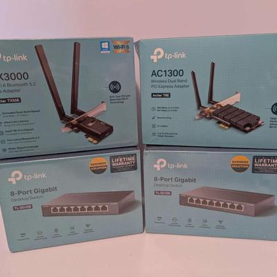 TP-Link Networking Equipment Lot –(1) AC1300 Adapter, (1)AX3000 Adapter, (2) 8-Port Gigabit Switches