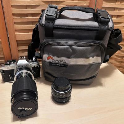 Vintage Nikon FG 35mm Film SLR Camera Bundle w/ Lenses & Lowepro Bag