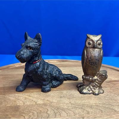 Vintage cast iron Scottie dog and owl coin banks