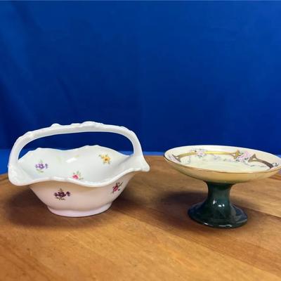 A Limoges porcelain decorative basket with floral motifs, & a GDA (Gres d'Auteuil) pedestal bowl