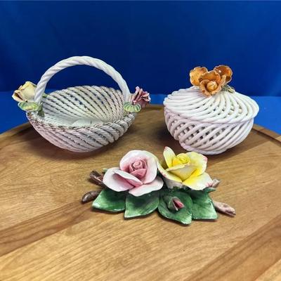 Vintage Italian Capodimonte porcelain woven basket, lidded pot, and roses