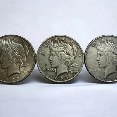 Three Peace Silver Dollars (1922-P, 1922-P, 1924-P) (CVO69)