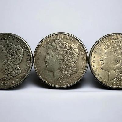 Three 1921 Morgan Silver Dollars (S, S, D) (CVO67)