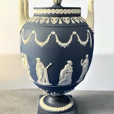 Wedgwood Jasperware Dark Blue Lidded Urn 12.5"h