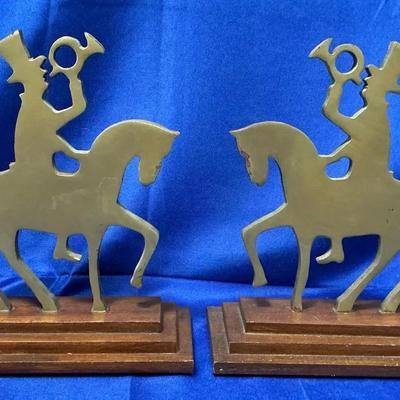 Metal Bugleman on Horse Statues or Bookends on Wood Bases