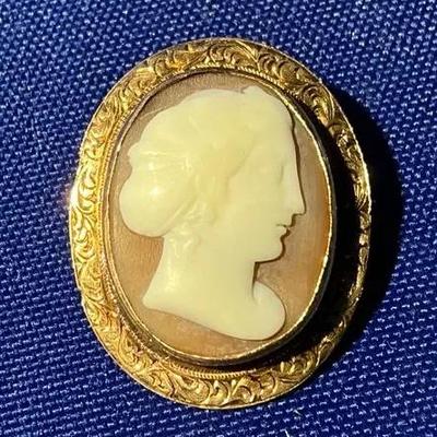 14k Gold Set Cameo Brooch