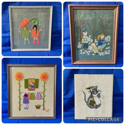Vintage Framed Crewel Works 