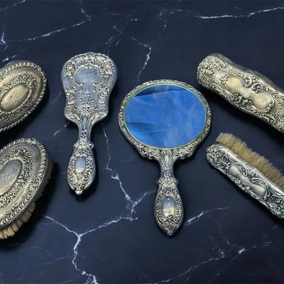 Antique Sterling Silver Vanity Brush & Mirror Set (JPA83)