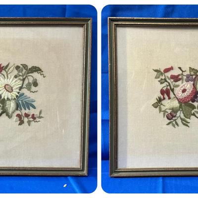 Vintage Framed Floral Crewel Work 17.5"h x 17.25"w