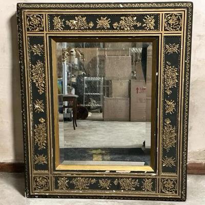 Antique Black & Gold Painted Wood Frame Wall Mirror 37.25"h x 31.5"w