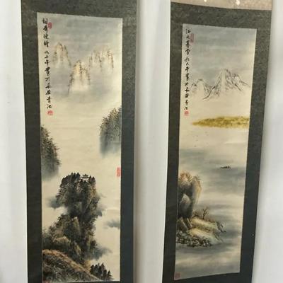 2 Chinese Landscape Hanging Scrolls 
