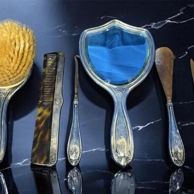 Antique Sterling Silver Vanity Brush & Mirror Set (JPA82)