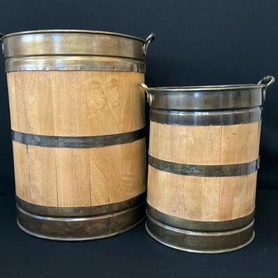 Pair of Wood & Brass Storage Barrels/Planters