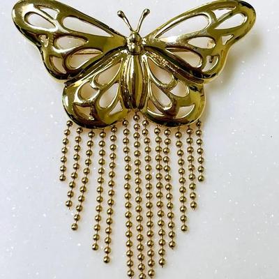 Vintage Butterfly Brooch with Beaded Chains