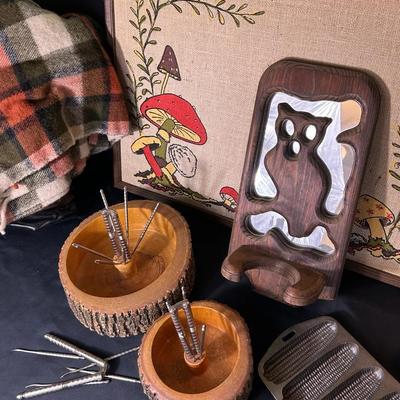 Vintage Nut Cracker Bowl, Corn Bread Cast Iron, Wall Art, Blank, and Purse 