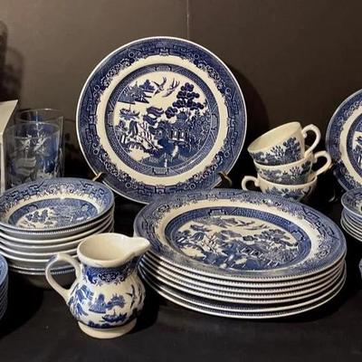 Johnson Brothers “Willow” Dinnerware and Matching Glasses