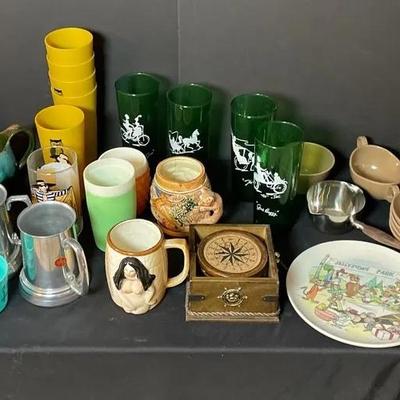 Assortment of Vintage Plastic, Glass Mugs, Plates, Glass