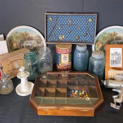 Ole Time Favorites with Antique Food Grinder, Vintage Mason Jars, Marbles and Bottle Caps and More