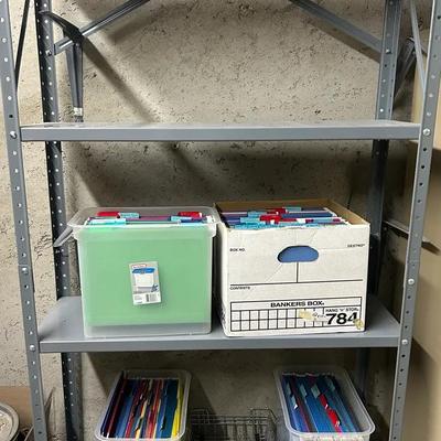 Metal Shelving Unit with Empty Hanging Folders 